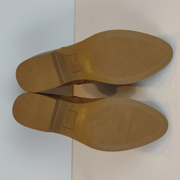 Sun + Stone Saandis Tan Slender Buckle Straps Block Heel Inner Ankle Zip Booties - Picture 12 of 15